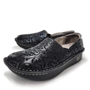 Alegria Deborah Navy Swish Black Floral Embossed Light Silver Blue Metallic Clog